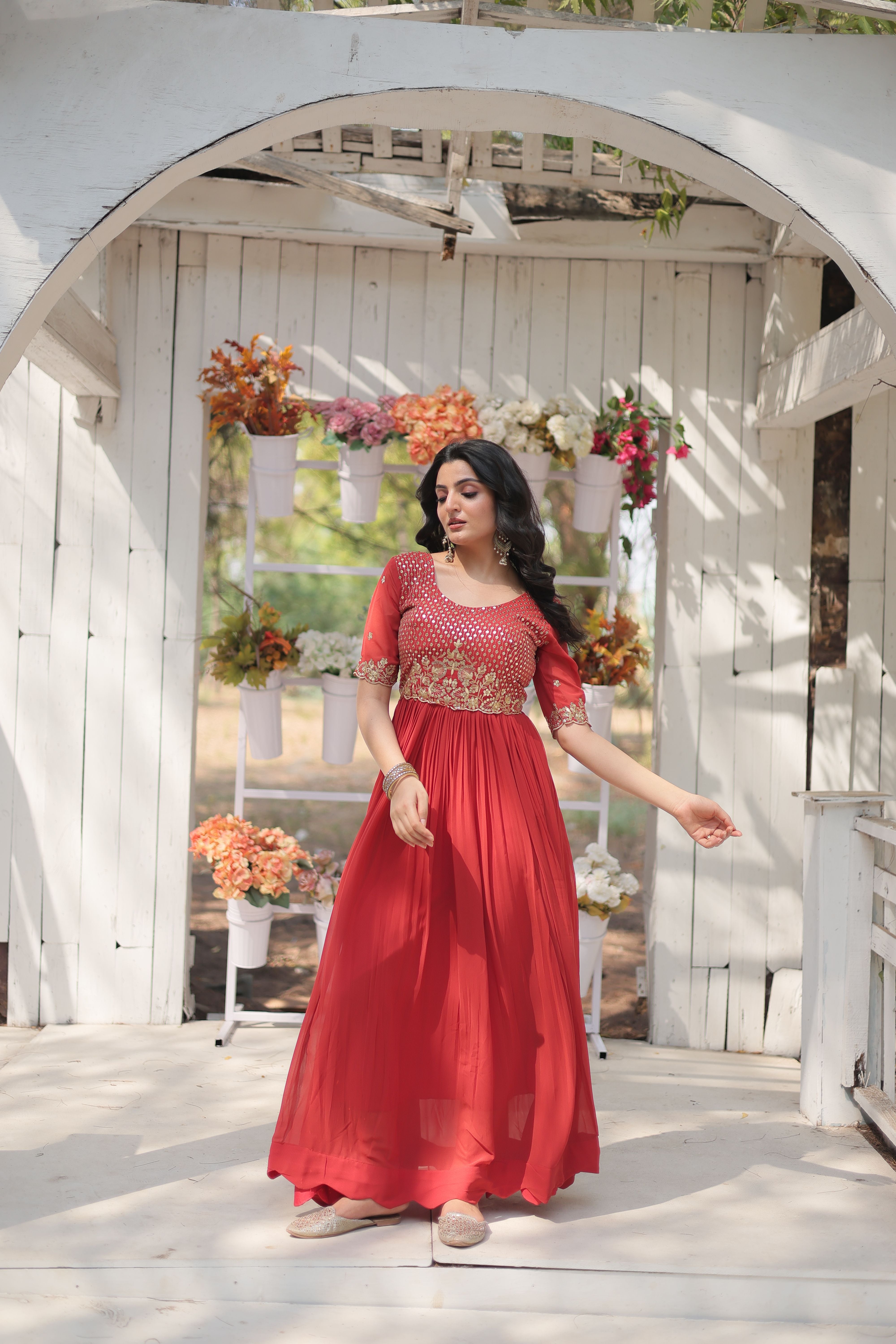 Aastha Orange with Gown Blooming Faux Georgette Embroidery Zari Sequins-work
