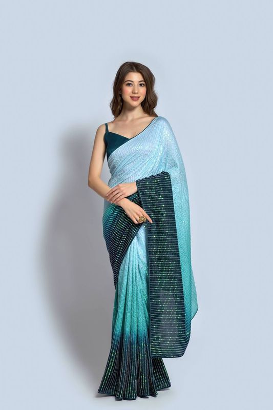 Aastha Multi Vichitra silk Heavy Satin Banglori work Teal color