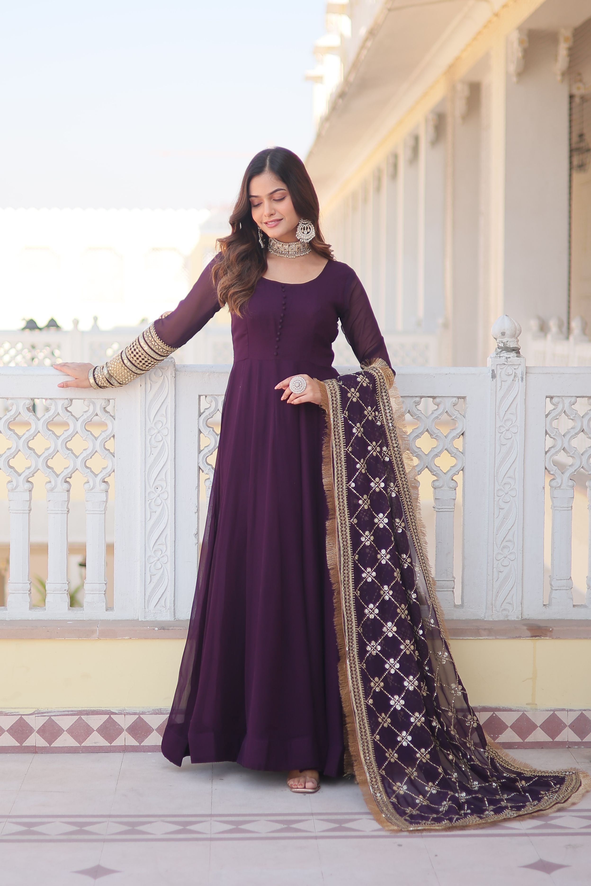 Aastha Wine Faux Blooming with Gown Embroidered Multi-Sequins work