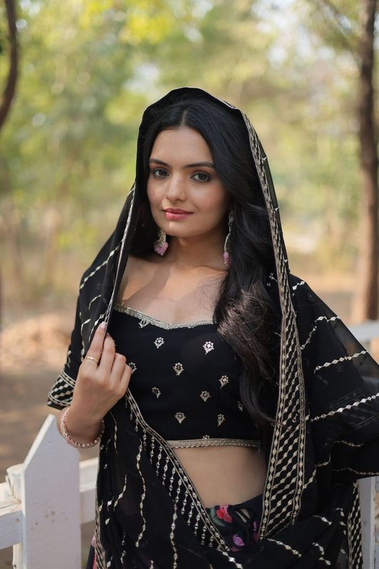 Aastha fashion black Faux Georgette lehanga Faux Blooming blouse fabric embroidery work