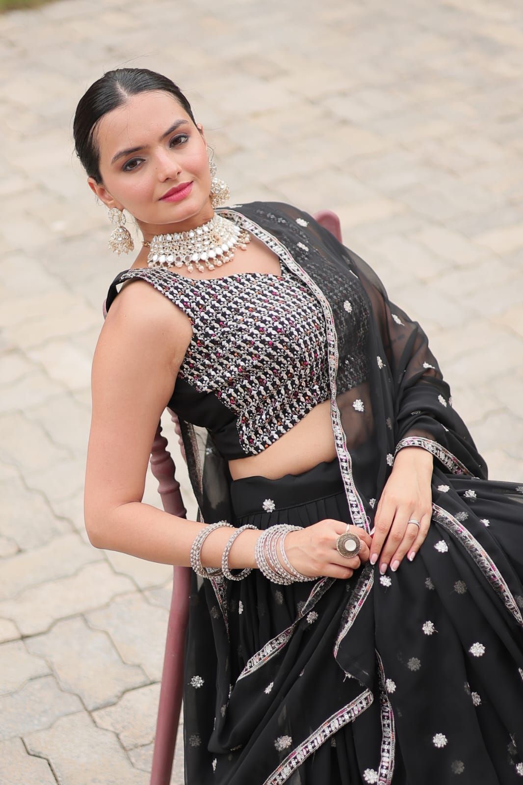 Aastha fashion black faux georgette lehanga blouse fabric embroidery work