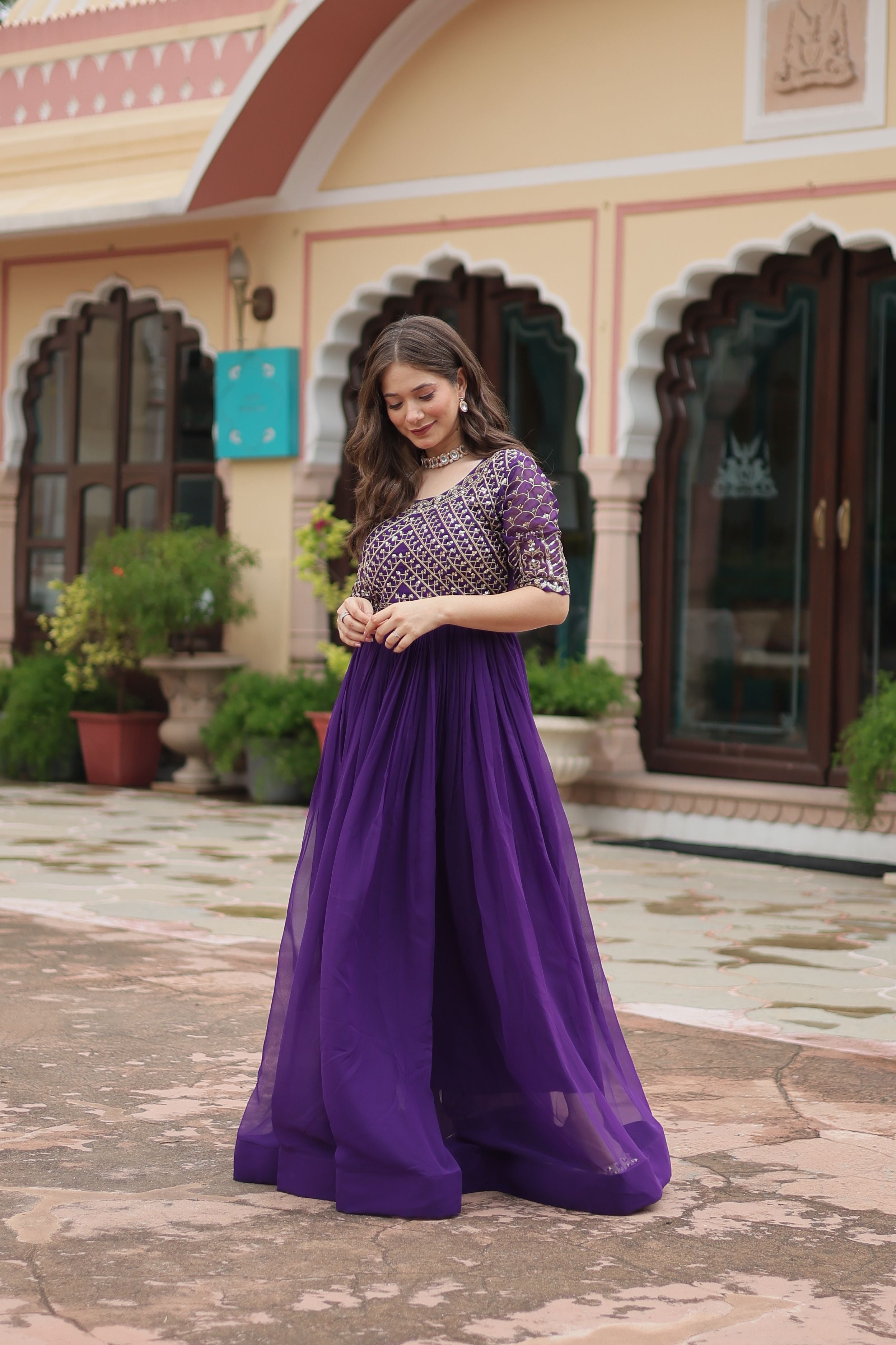 Aastha Purple Faux Blooming with Gown Embroidery Zari Sequins-work