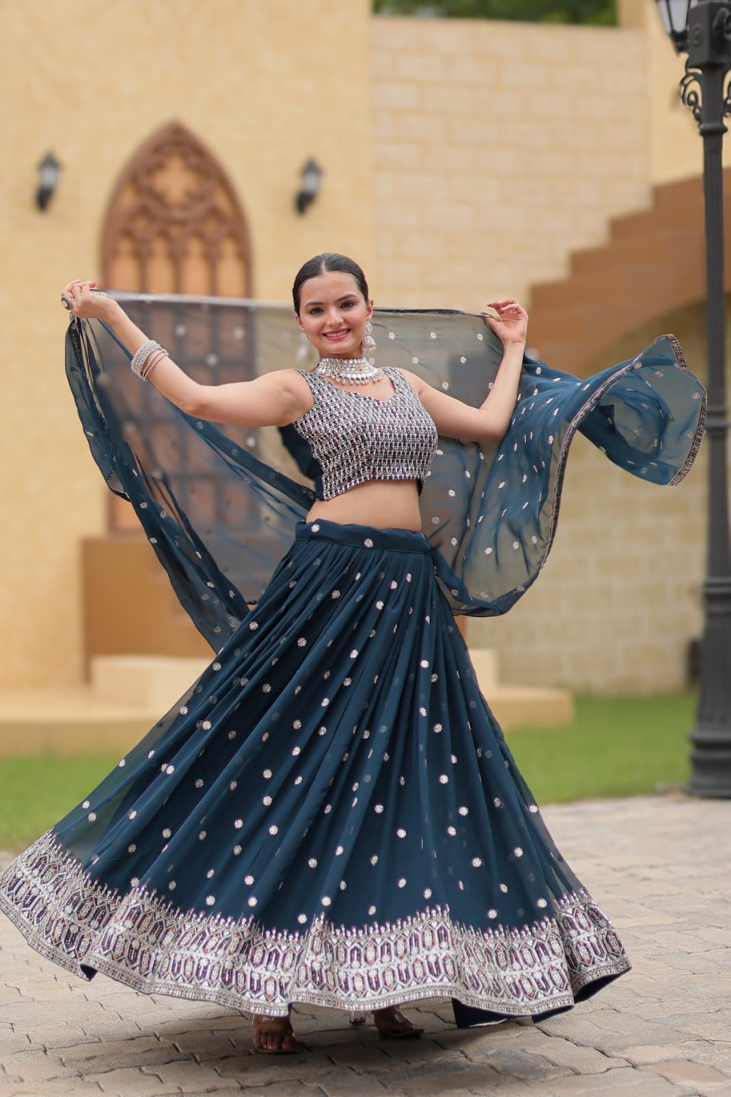 Aastha fashion teal faux georgette lehanga blouse fabric embroidery work