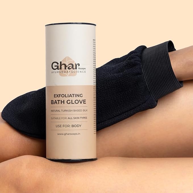 Ghar Soaps Exfoliating Body Gloves & Sandalwood Saffron Soap | Paraben Free | Chandan & Kesar Soap | Handmade Soap For Men & Women | Glowing Natural Refreshing Skin | Tan Removal