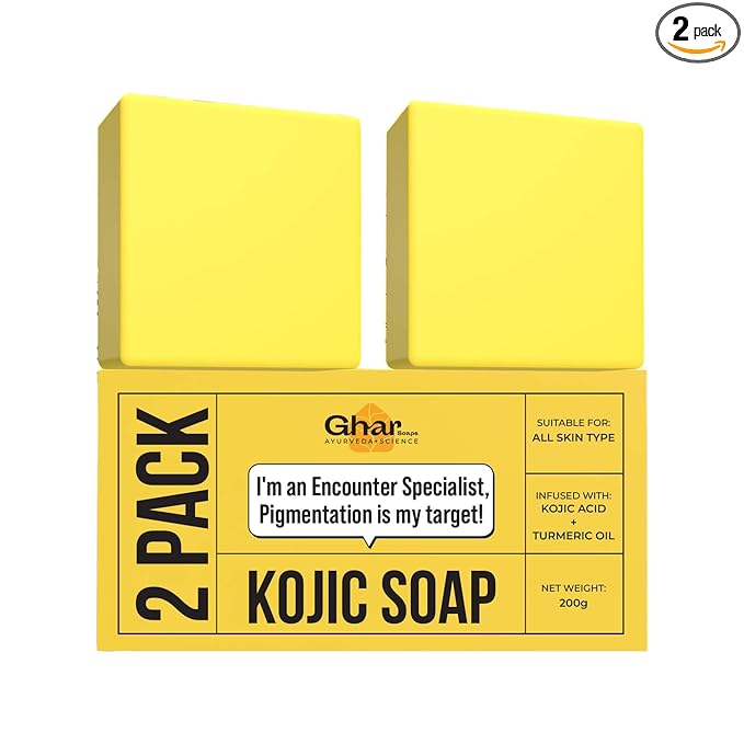 Two bars of Kojic Soap in yellow packaging with Ghar Ayurveda branding on a white background.