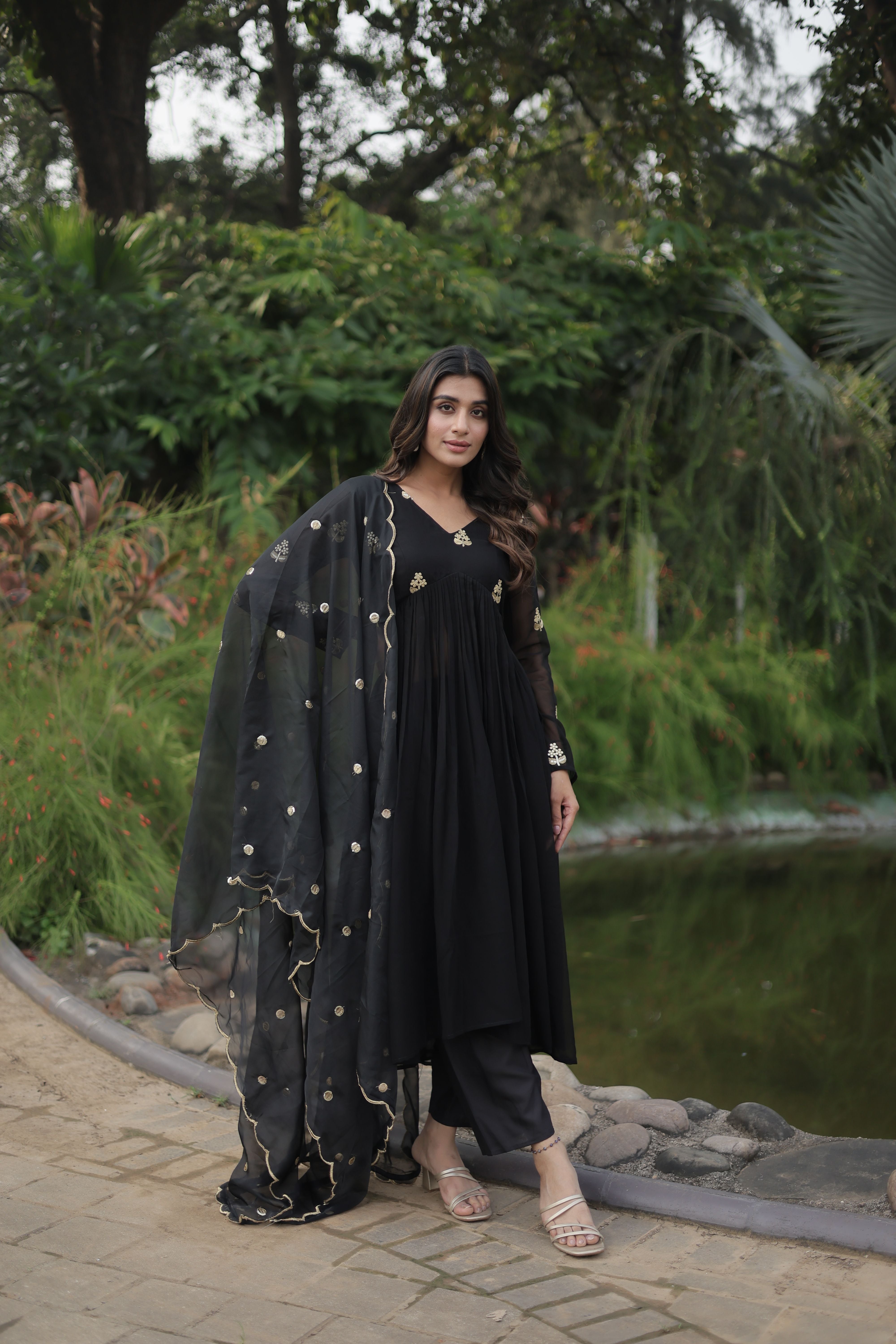 Aastha Black Faux Blooming Russian Silk with Gown Embroidered Work