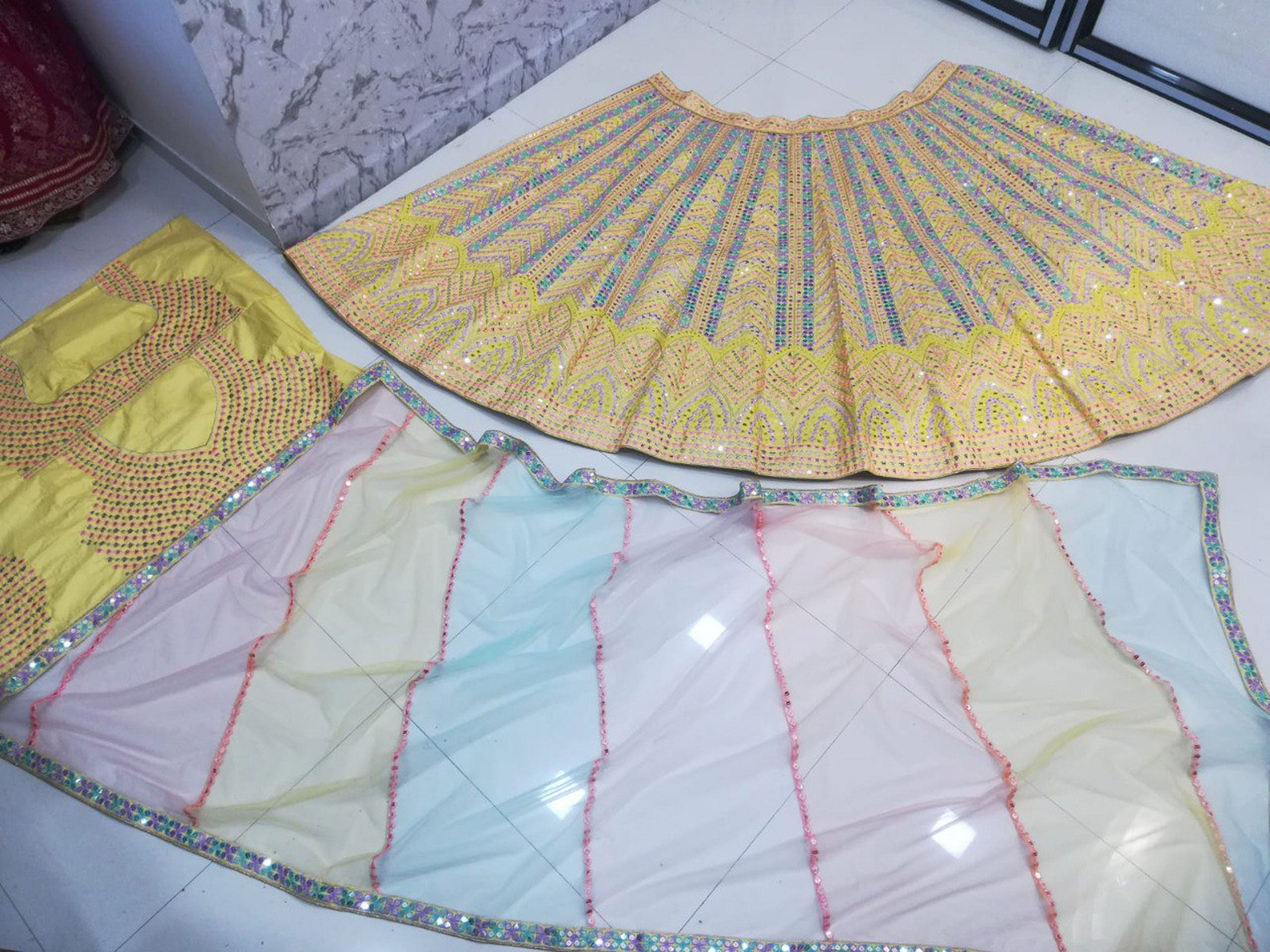 Aastha fashion off Yellow Lehenga Choli with Dola Silk With Fusing blouse fabric