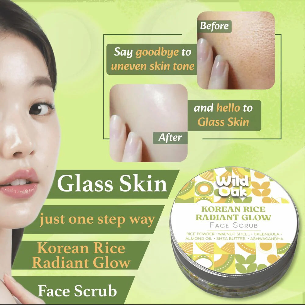 WildOak Korean Rice Face Scrub | Glass Skin & Brightens | Anti Aging & Anti Wrinkles | Calendula, Ashwagandha & Shea Butter | Hydrating & Moisturizing Face Scrub | 100 gm