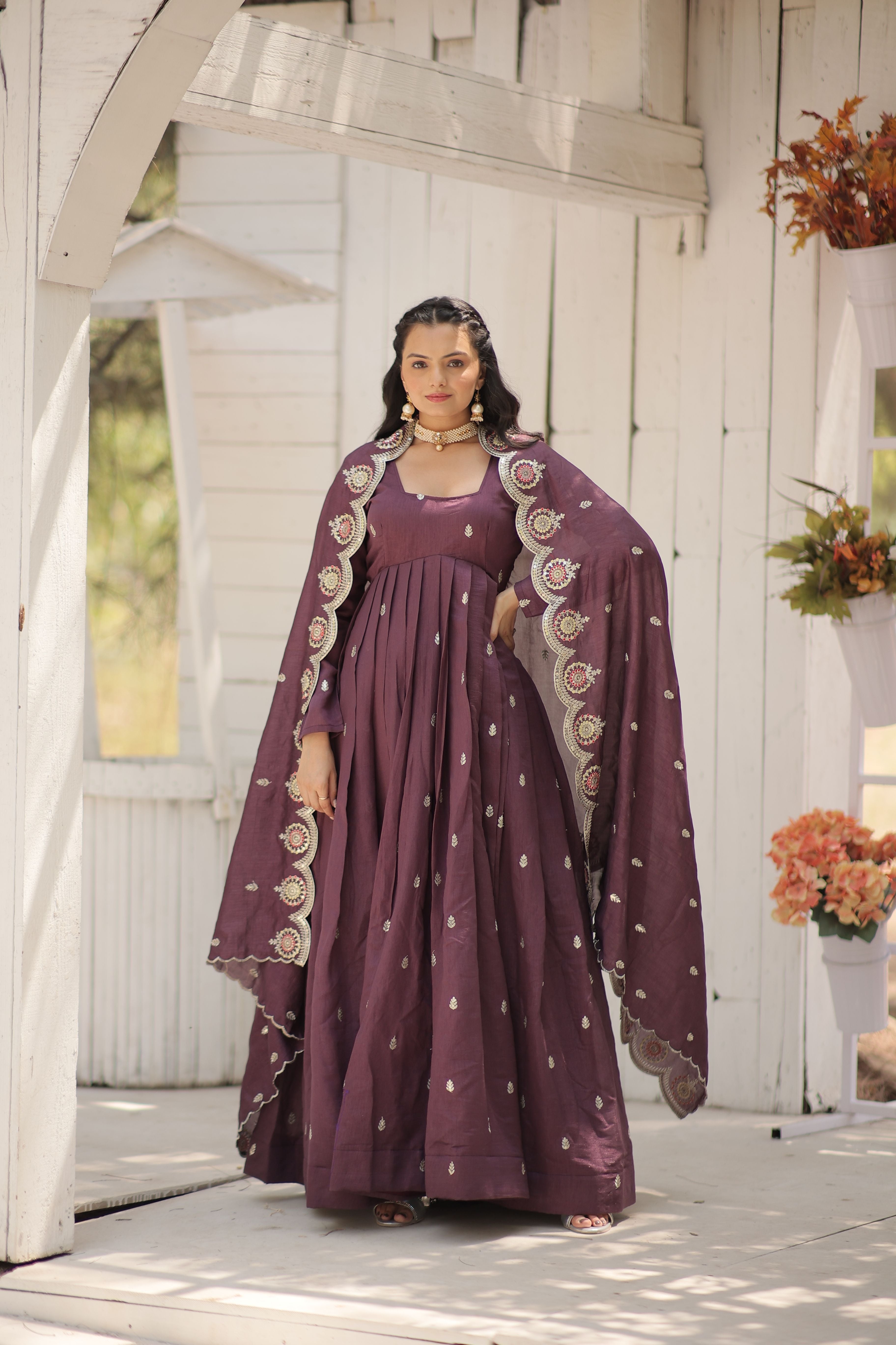 Aastha Onion Cotton with Gown fabric Vichitra Shimmer