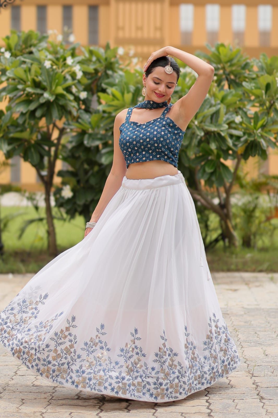 Aastha fashion white pure georgette lehanga blue blouse fabric embroidery work