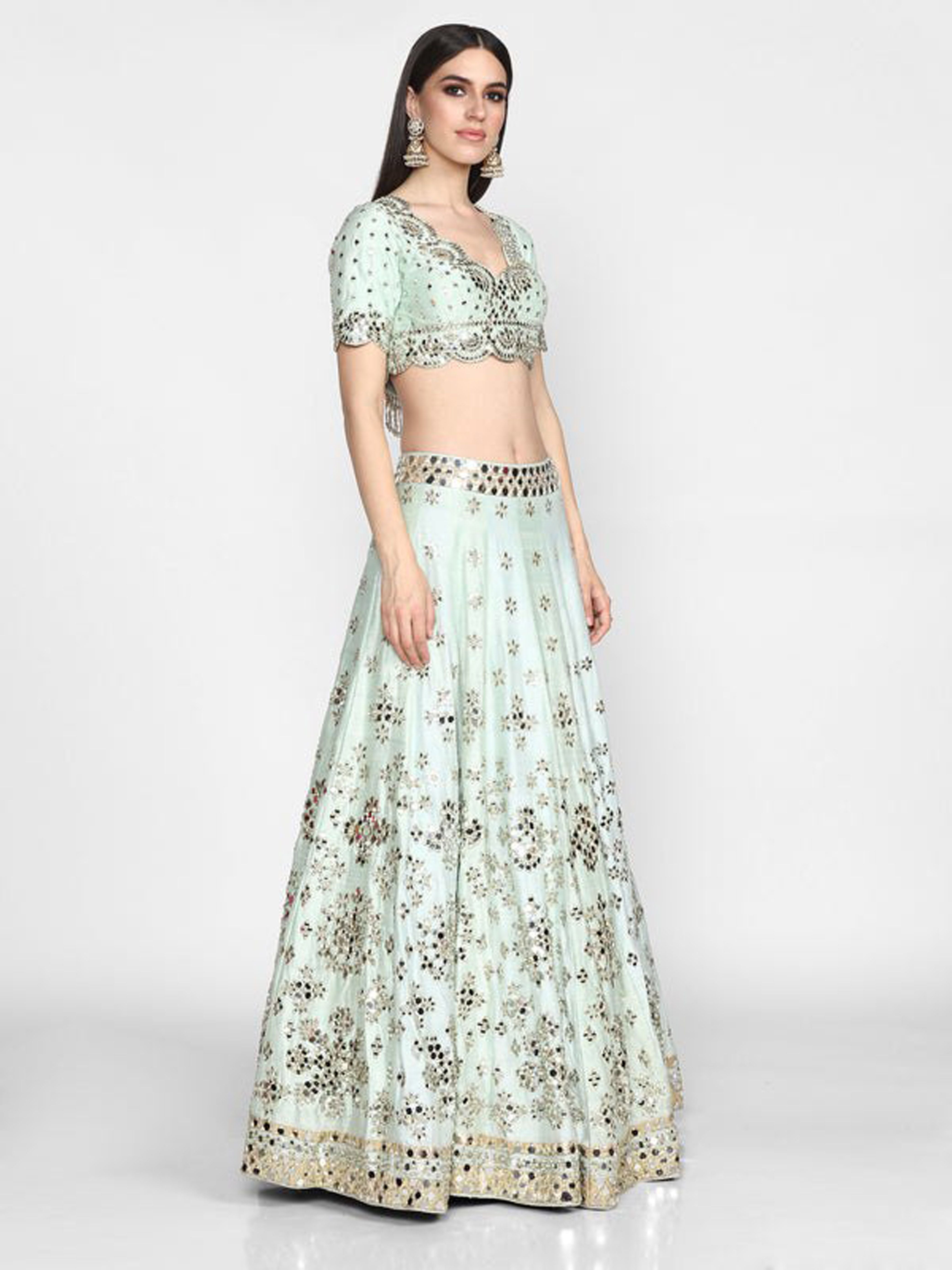 Aastha fashion off pista Lehenga Choli with heavy banglori slik blouse fabric