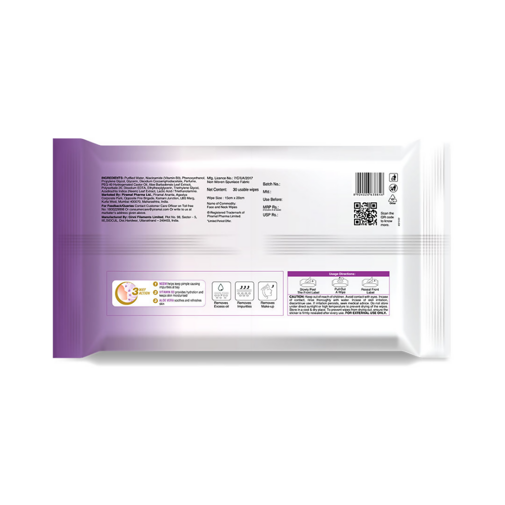 Lacto Calamine Oil Control Face Wipes, Makeup Remover Wipes With Neem & Aloe 30 Usable Wipes