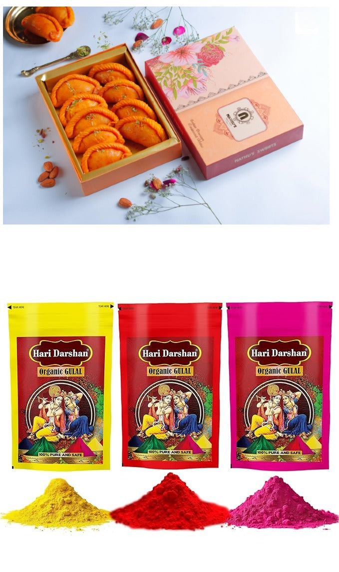 Nathu's Kesar Gujia+ Hari Darshan Organic Gulal