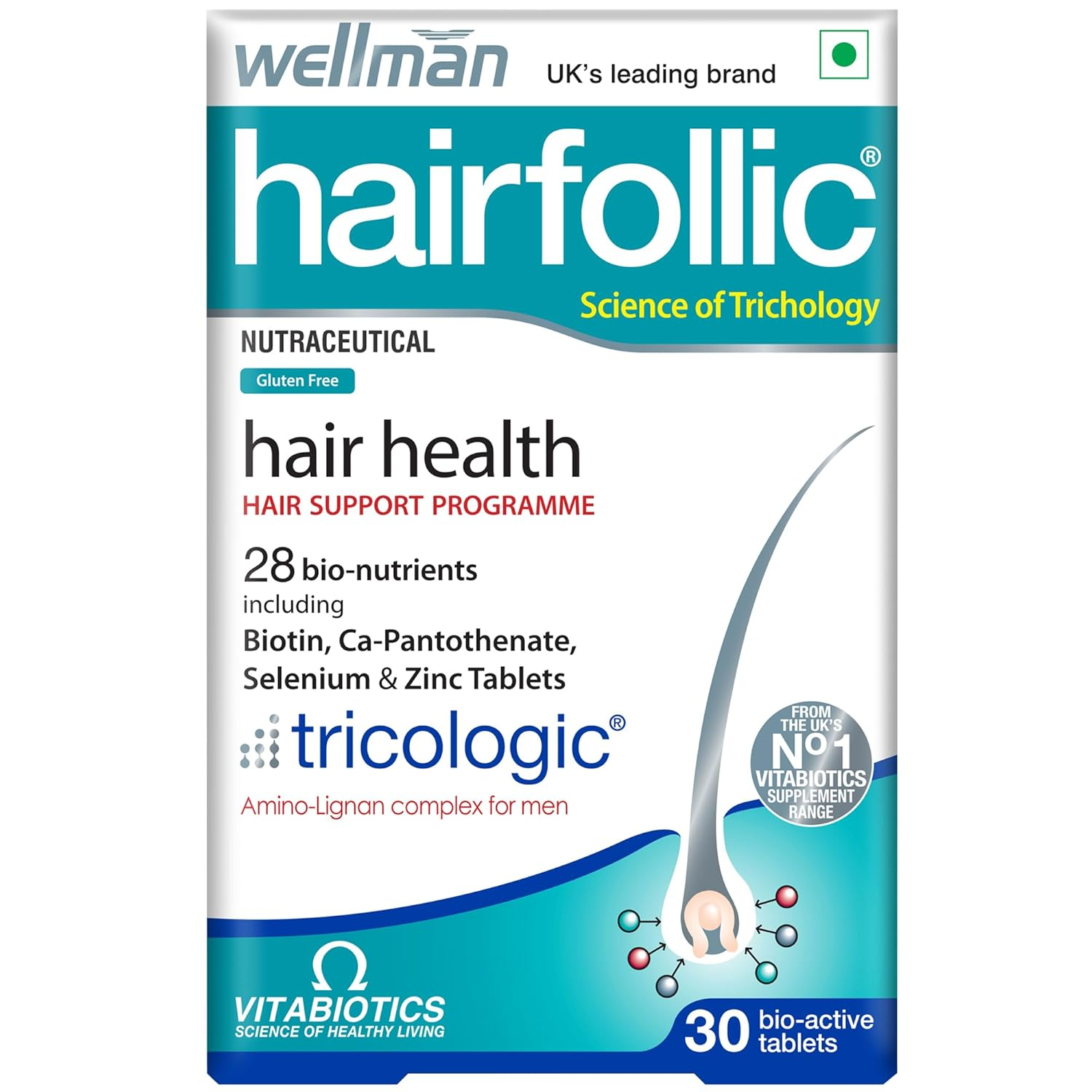 Wellman Hairfollic UK's No.1 Hair Supplement Tablets For Men ( Tricologic Formula 30 Vitamins & Minerals)