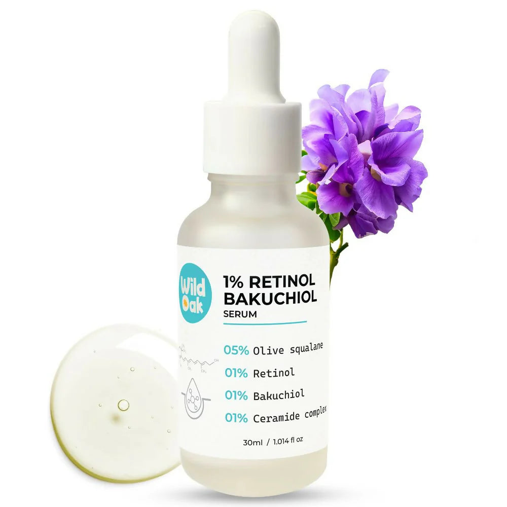 WildOak 1% Retinol Bakuchiol Face Serum | Anti-Aging Brightening & Skin Texture Improvement | Boosts Collagen & Restoration | With Ceramides & Olive Squalane | Face Serum for Women & Men | 30ml