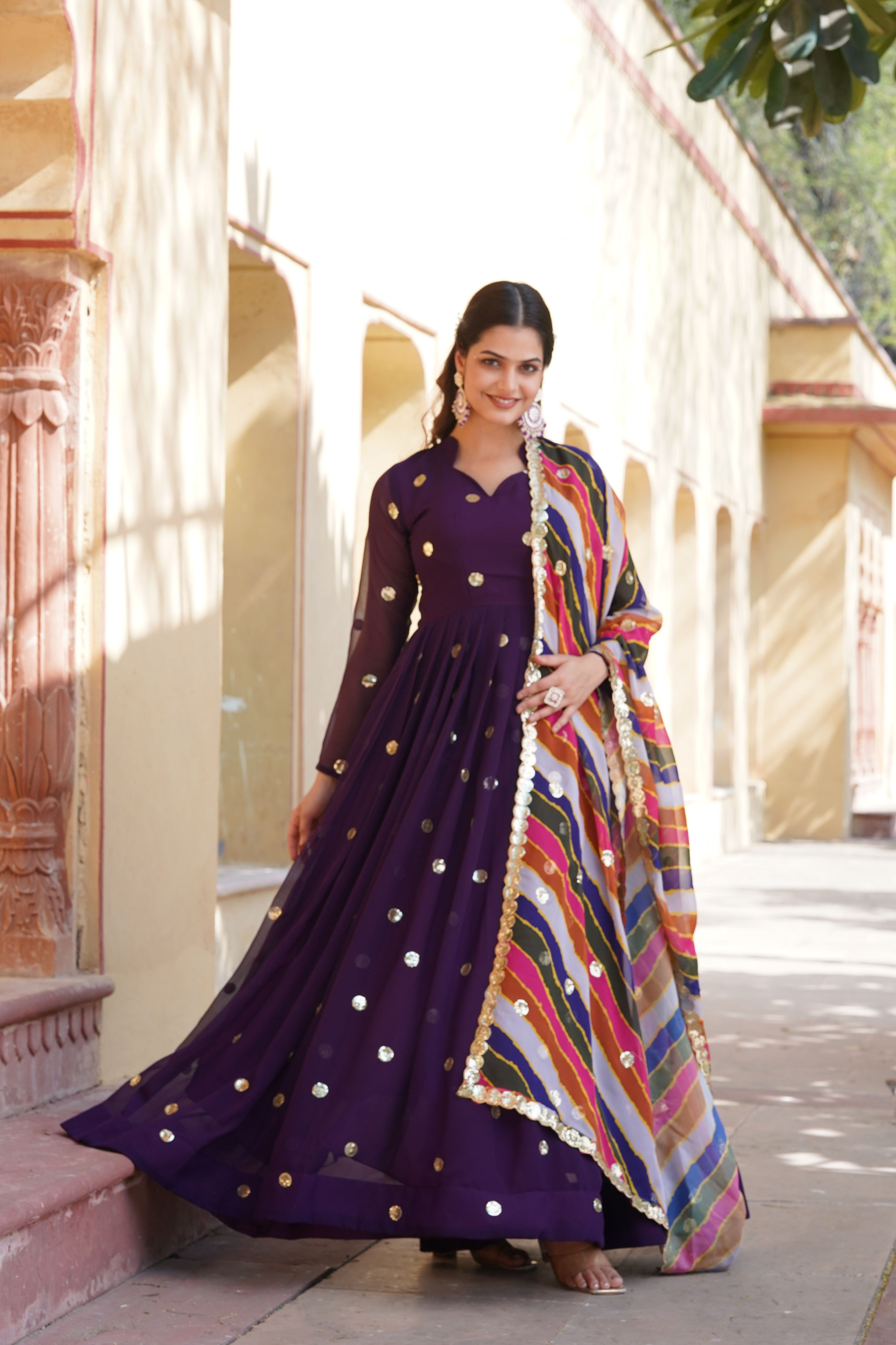 Aastha Purple Faux Georgette with Gown fabric Printed