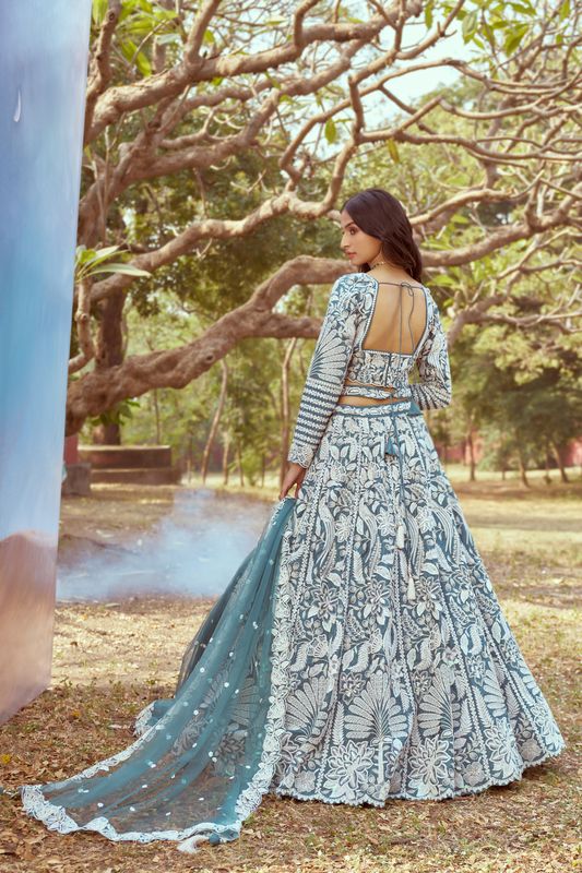 Aastha fashion Teal Organza lehanga blouse Embroidery Work