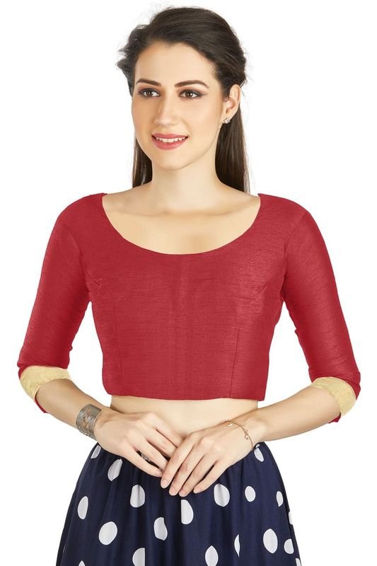 Aastha fashion Red Art Silk Blouse Fabric Sleeve Button Design Blouse work - Prithvi Mart