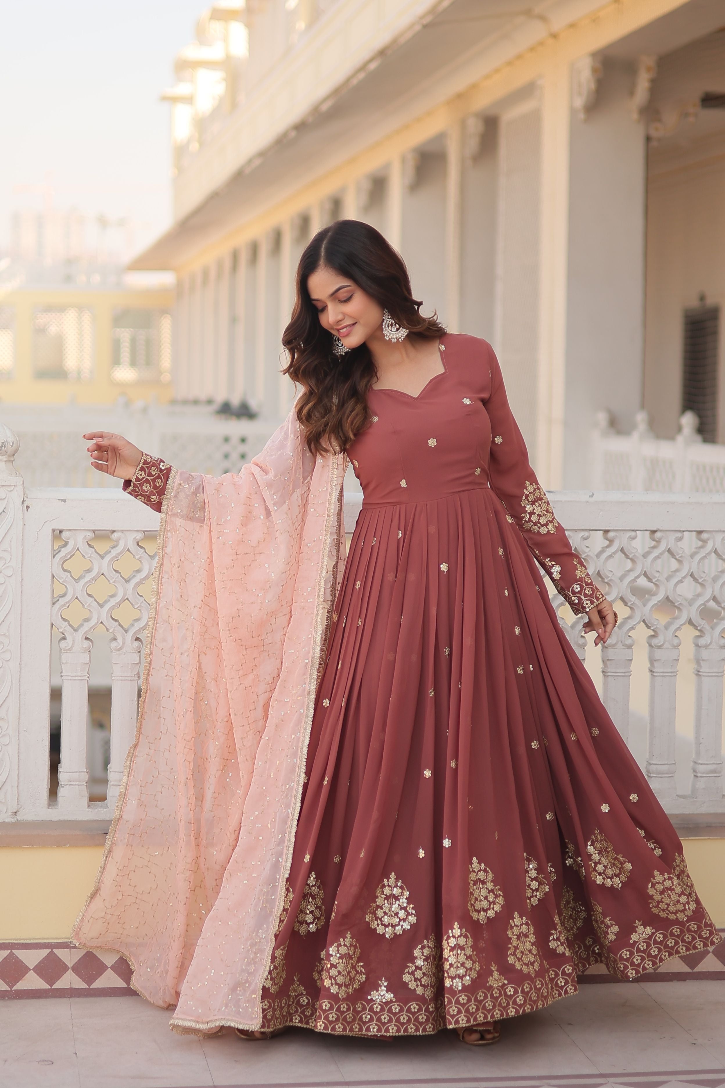Aastha Dusty Rose Faux Georgette Russian Silk with Gown Embroidered