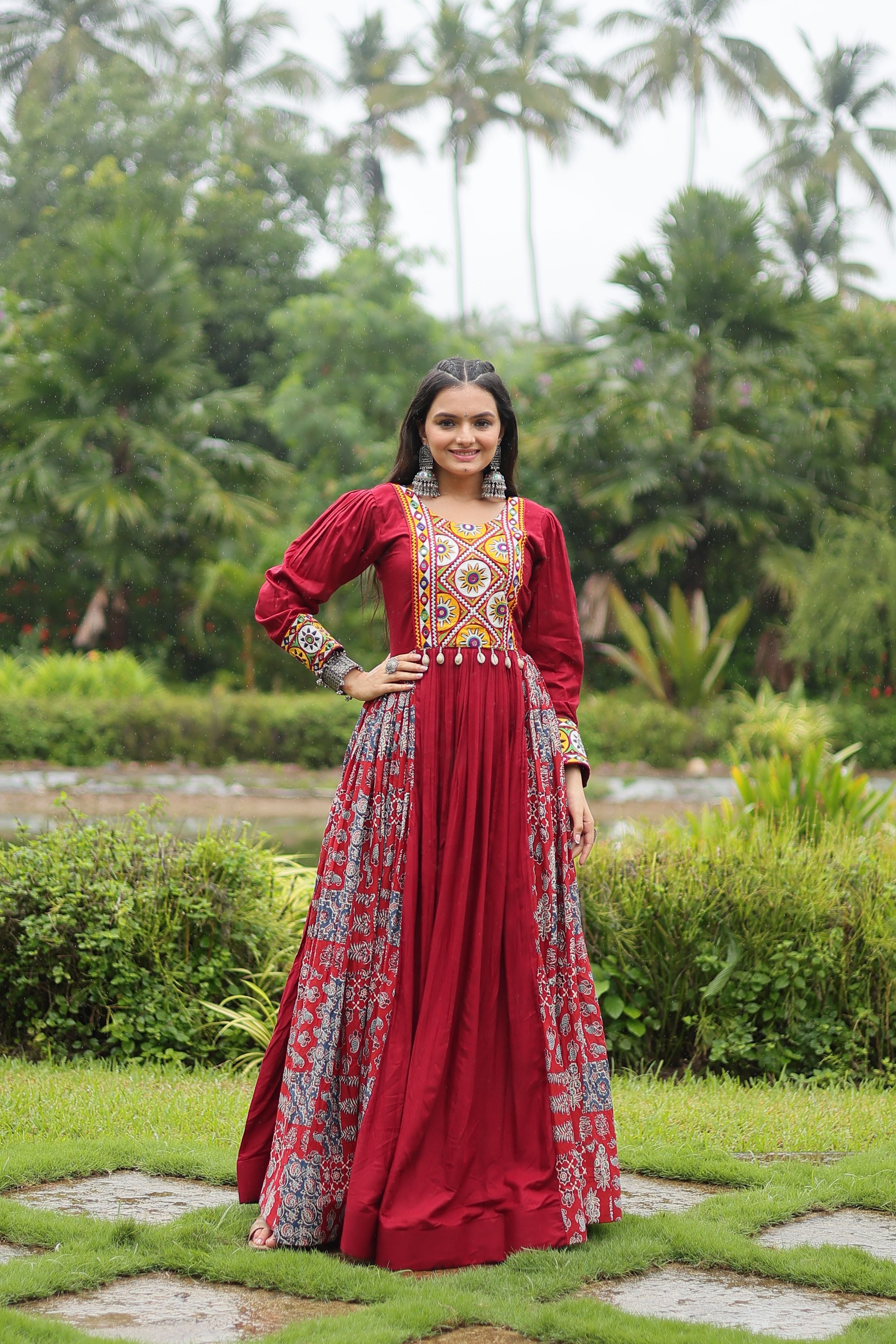 Aastha Maroon Cotton with Gown Kutchi Gamthi Work