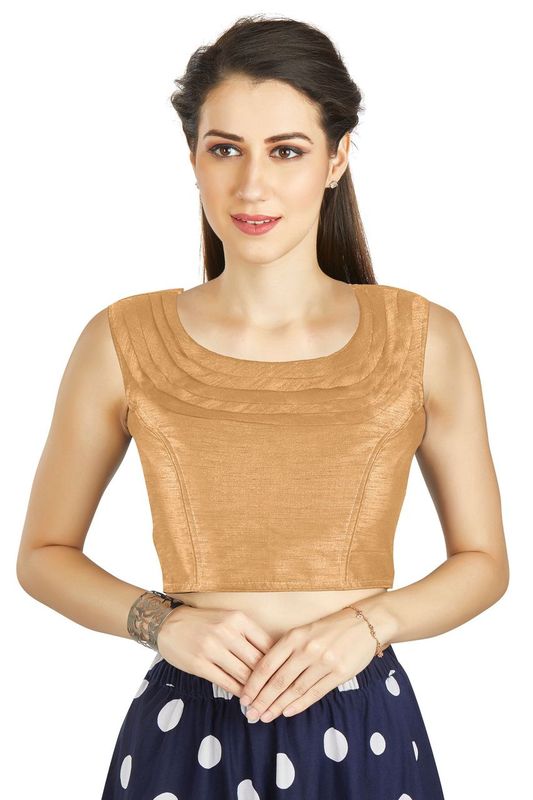 Aastha fashion Beige Art Silk Pleated Boat Neck Blouse Work Plain