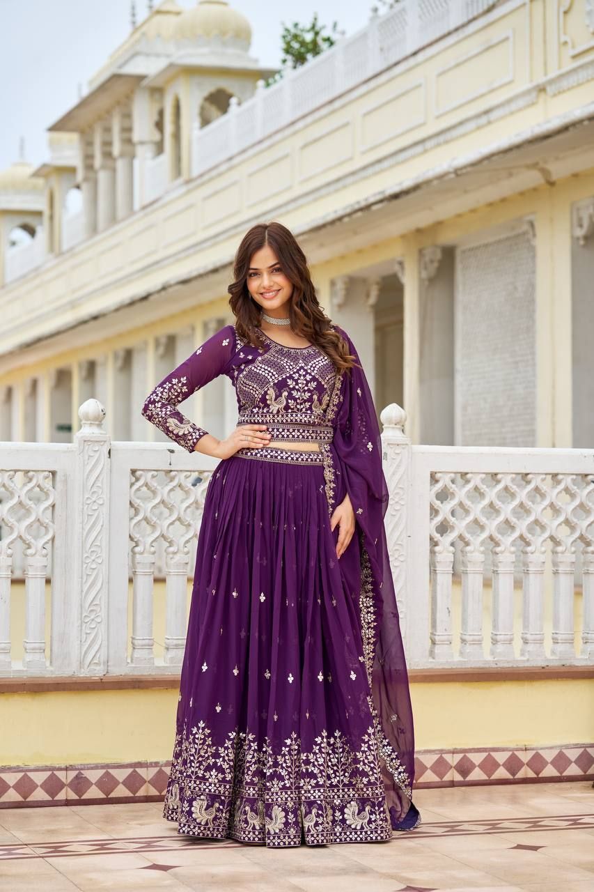 Aastha fashion purple Heavy Fox Georgette lehanga blouse Embroidery 7mm Sequence Work with Belt