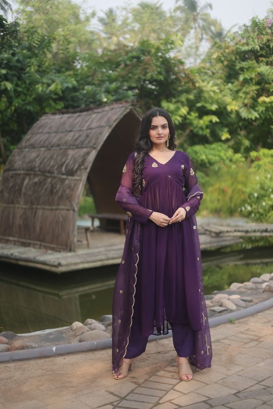 Aastha Purple Faux Blooming Russian Silk with Gown Embroidered Work