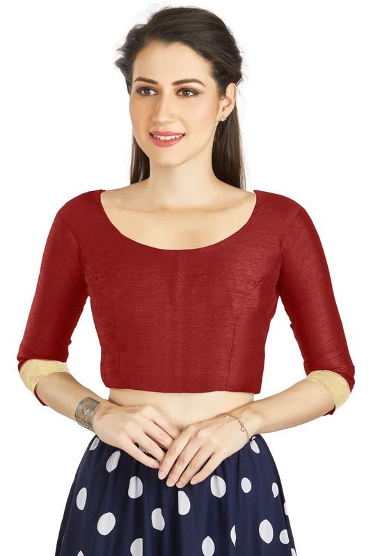Aastha fashion Maroon Art Silk Blouse Fabric Sleeve Button Design Blouse work - Prithvi Mart