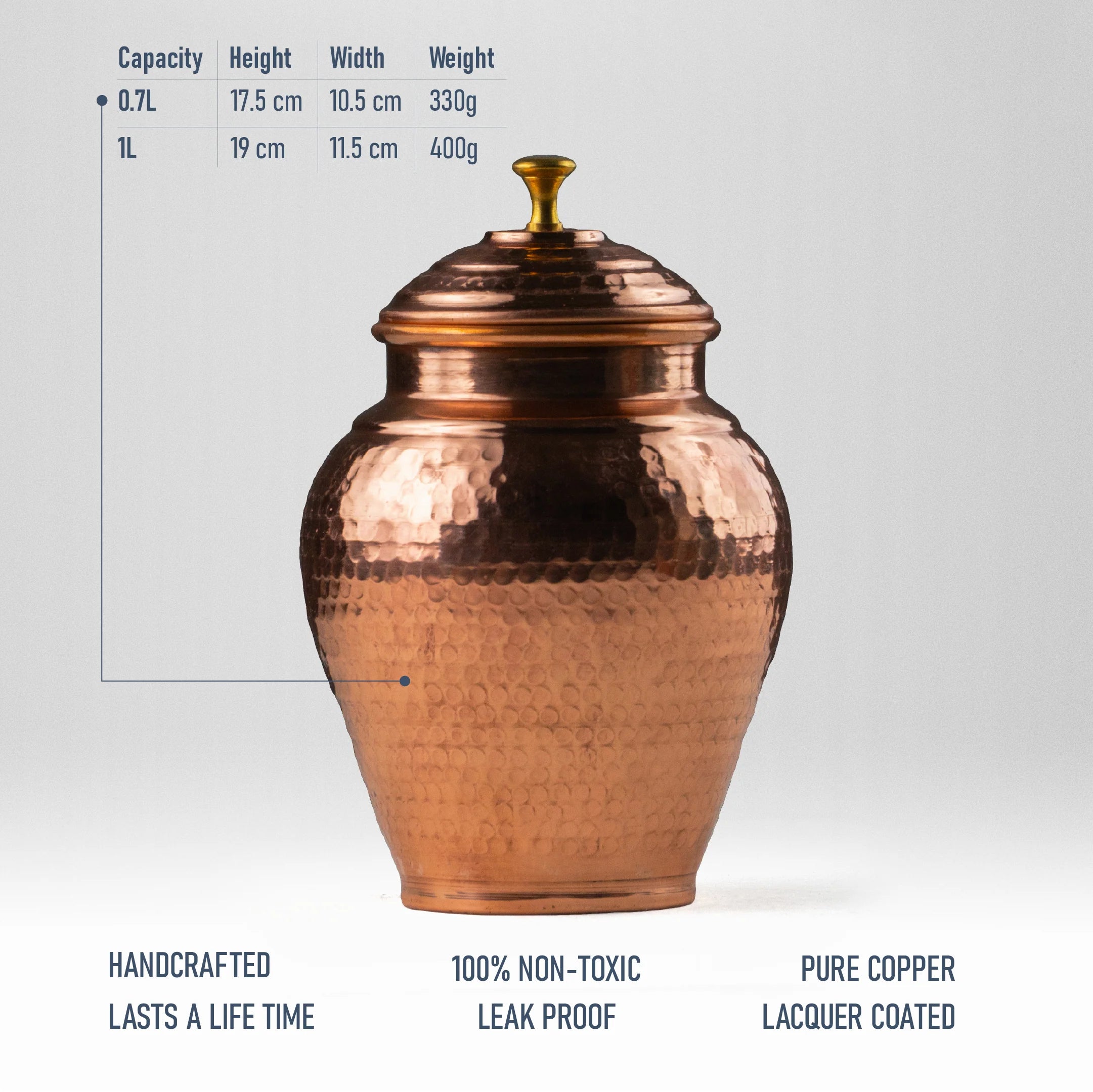 Health Smith Pure Copper Kiwi Jar Vintage | Copper Pot for Water, Chocolates, Dry Fruits | Vintage - Hammered