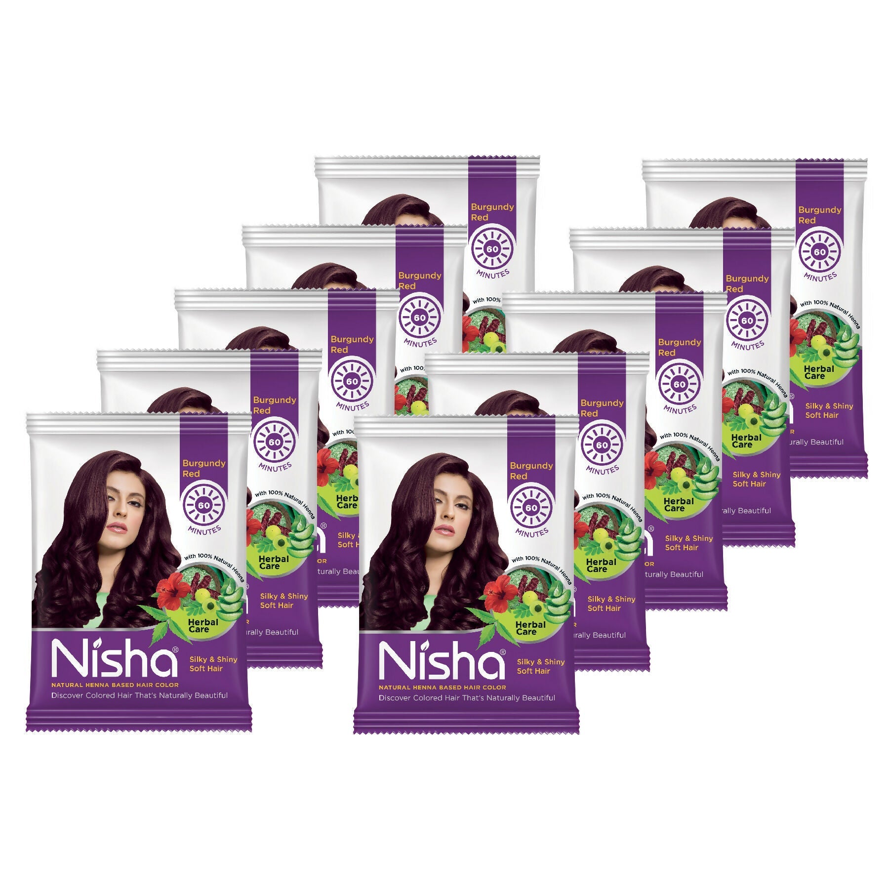 Nisha Henna Based Hair Colour for Women & Men Burgundy Red (Pack of 10)
