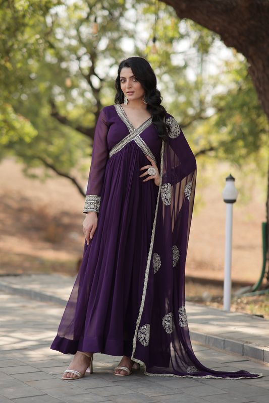 Aastha Purple with Gown Blooming Faux Georgette Embroidery Zari Sequins-work