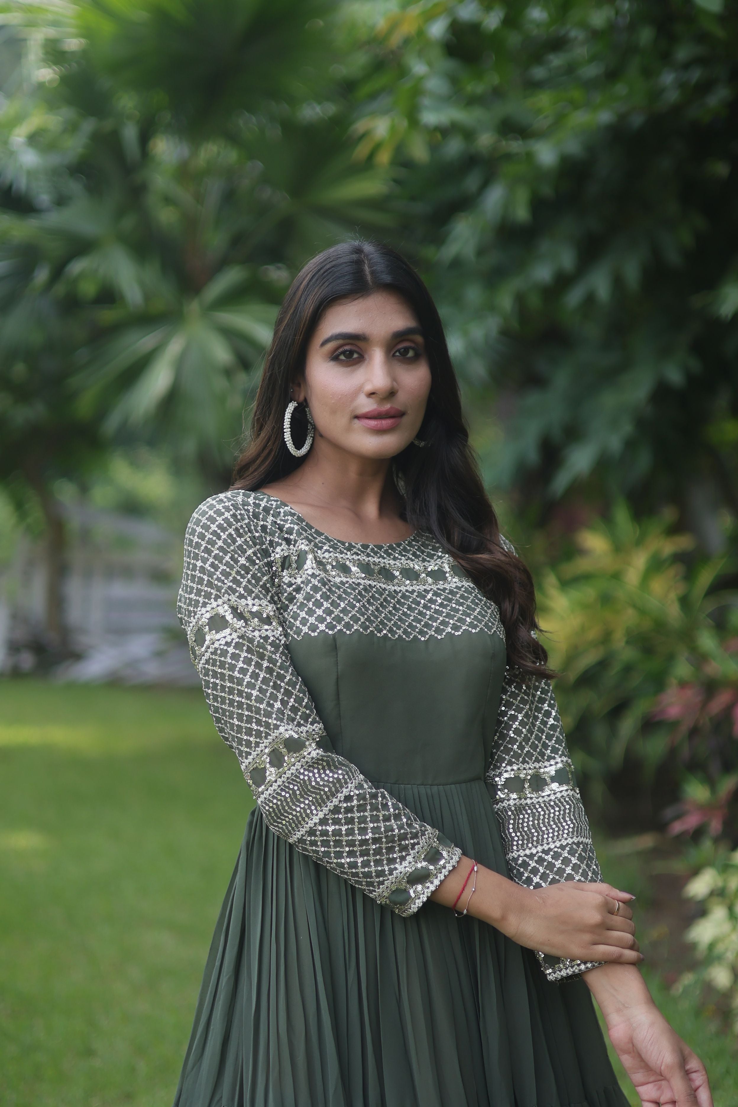 Aastha White Faux Blooming Russian Silk with Gown Embroidered Zari Sequins-work