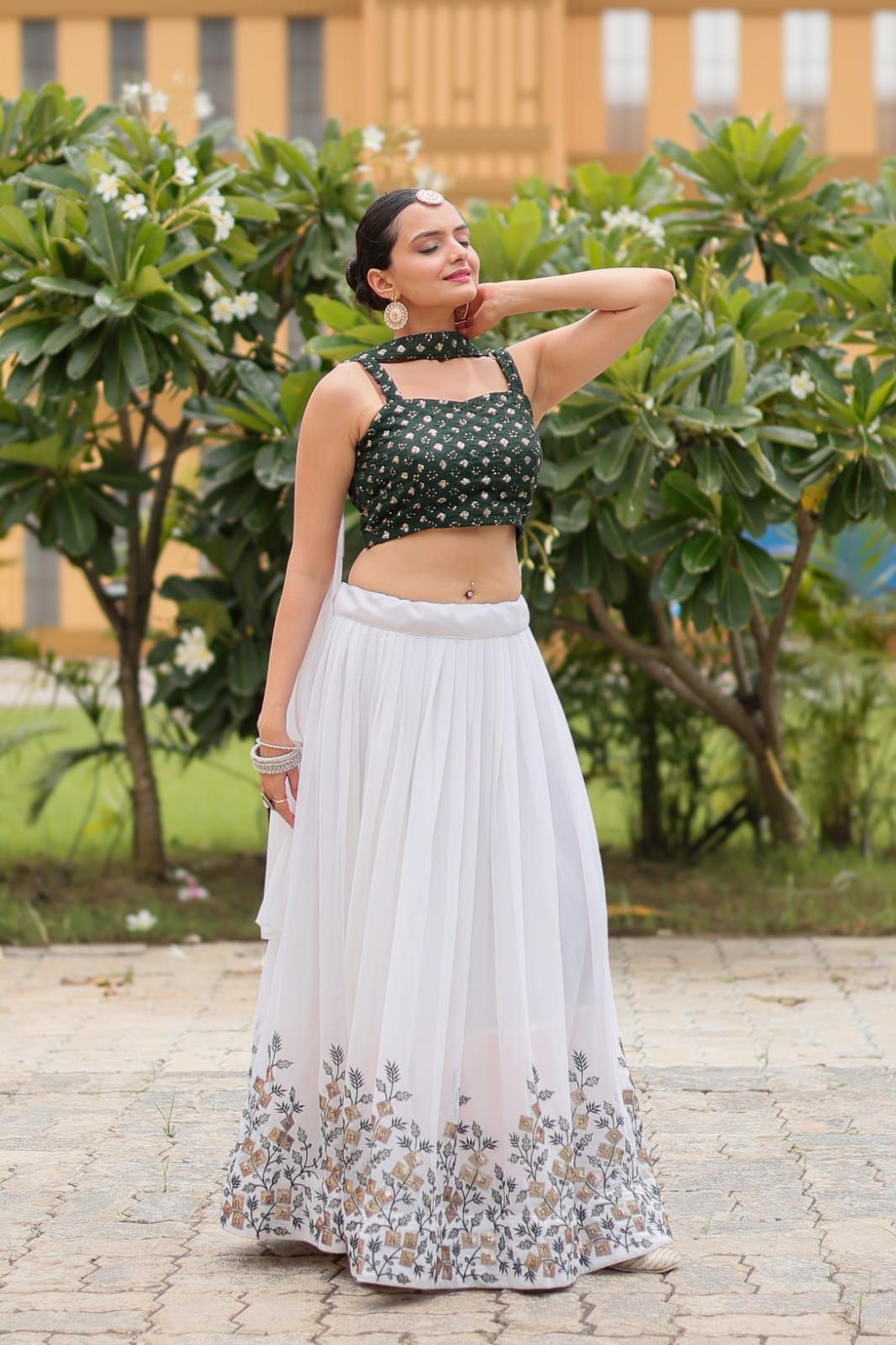 Aastha fashion white pure georgette lehanga green blouse fabric embroidery work