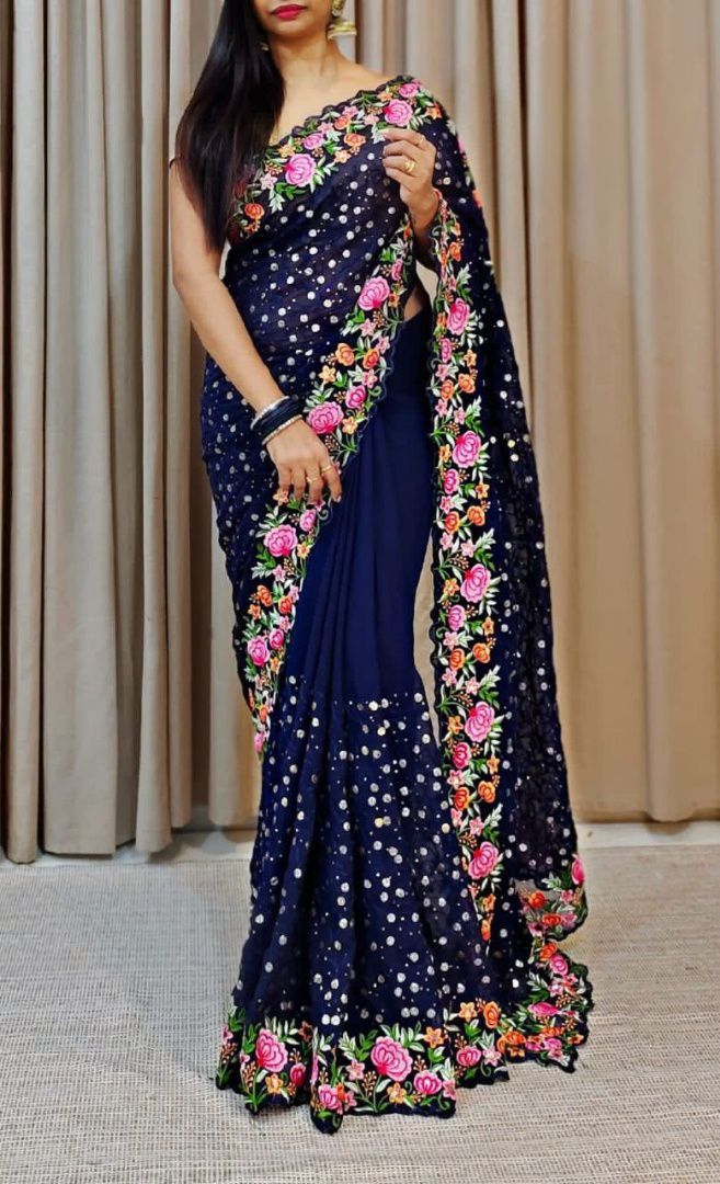 Aastha Blue Soft Georgette Fabric with Banglori Blouse fabric Beautiful Sequance and multicoloured Embroidery work