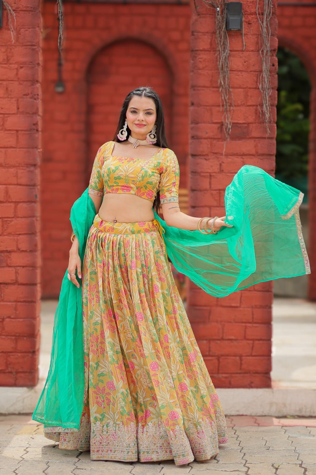 Aastha fashion multi color viscose tebbi organza lehanga blouse fabric embroidery work