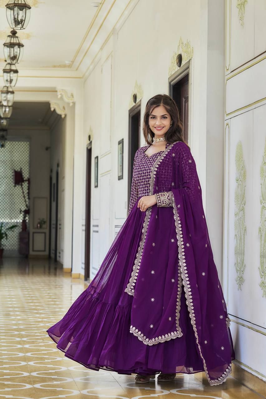 Aastha Purple Fox Georgette with Micro Cotton Heavy 3mm sequence Embroidery Work