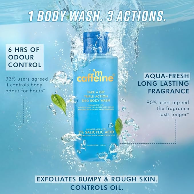 mCaffeine 2% Salicylic acid , 3-in-1 Perfume Body Wash - Odour Control, & Long Lasting Aqua Fresh Fragrance