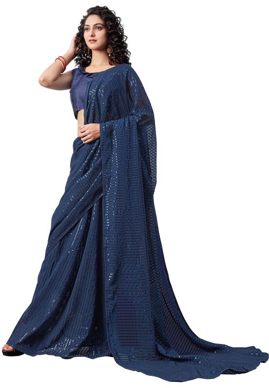 Aastha Navy Blue Heavy Georgette Satin Banglori Sequance Embroidery Work