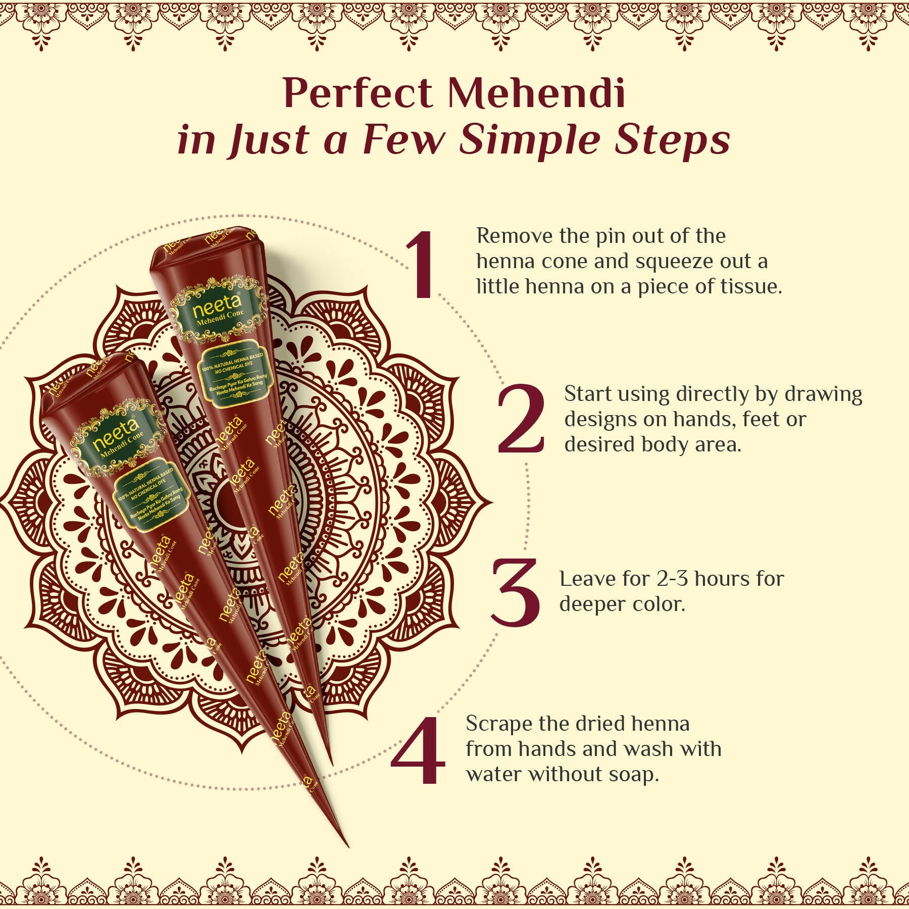 Neeta Mehendi Cone For Hand Design – 12 Henna Cones Reddish Brown