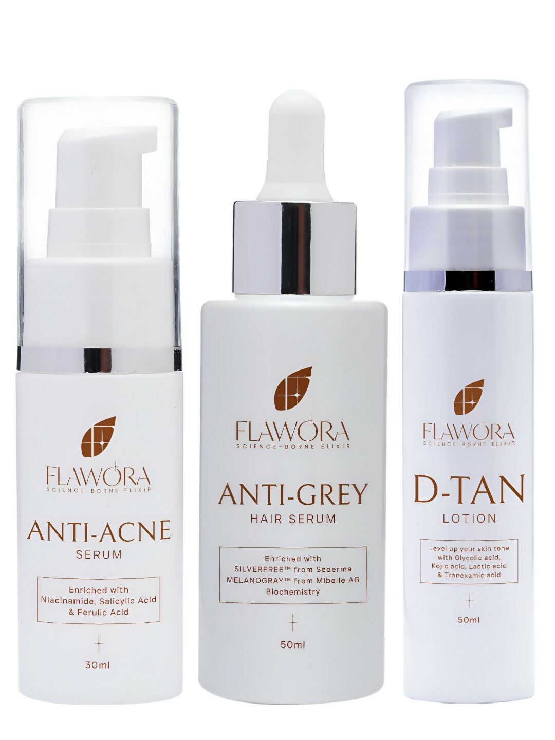 Flawora Set of Anti-Grey Hair Serum, Anti Acne Serum and D-Tan Lotion