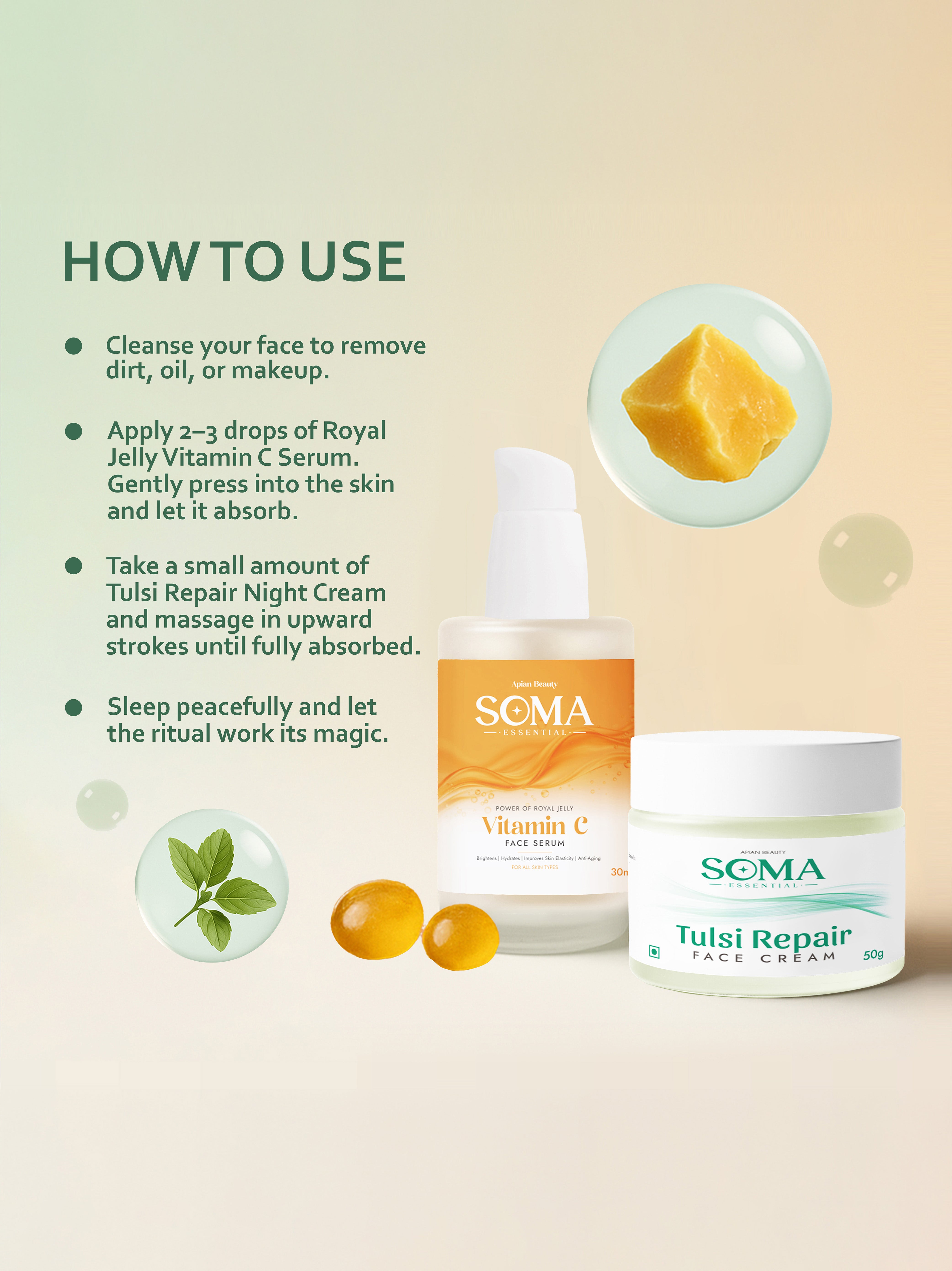 Soma Essential Apian Night calm Ritual - Tulsi Night Cream + Royal Jelly Vitamin C Serum