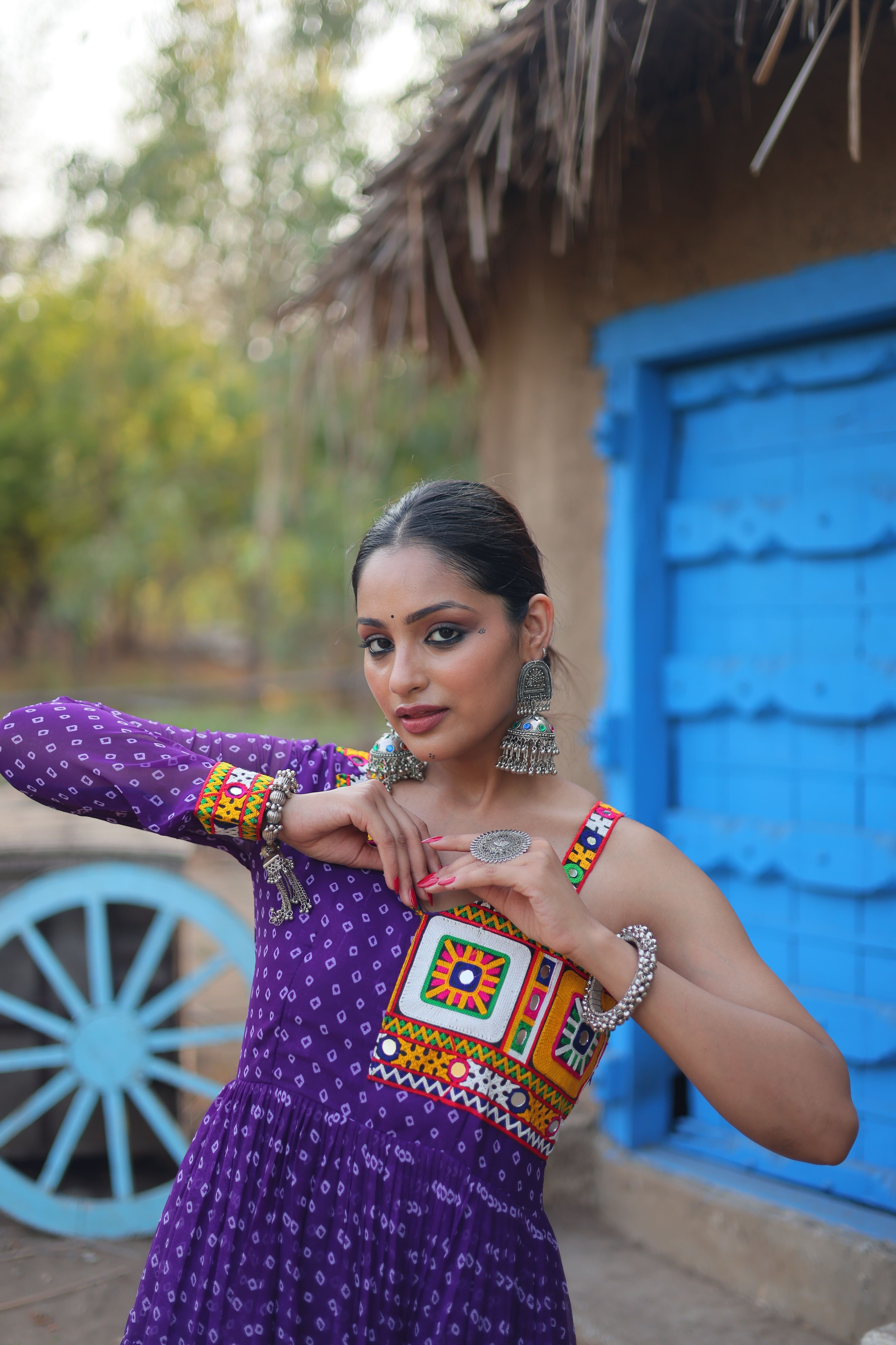 Aastha Purple with Gown fabric Faux Georgette Bandhani Print work with kutchi patchework