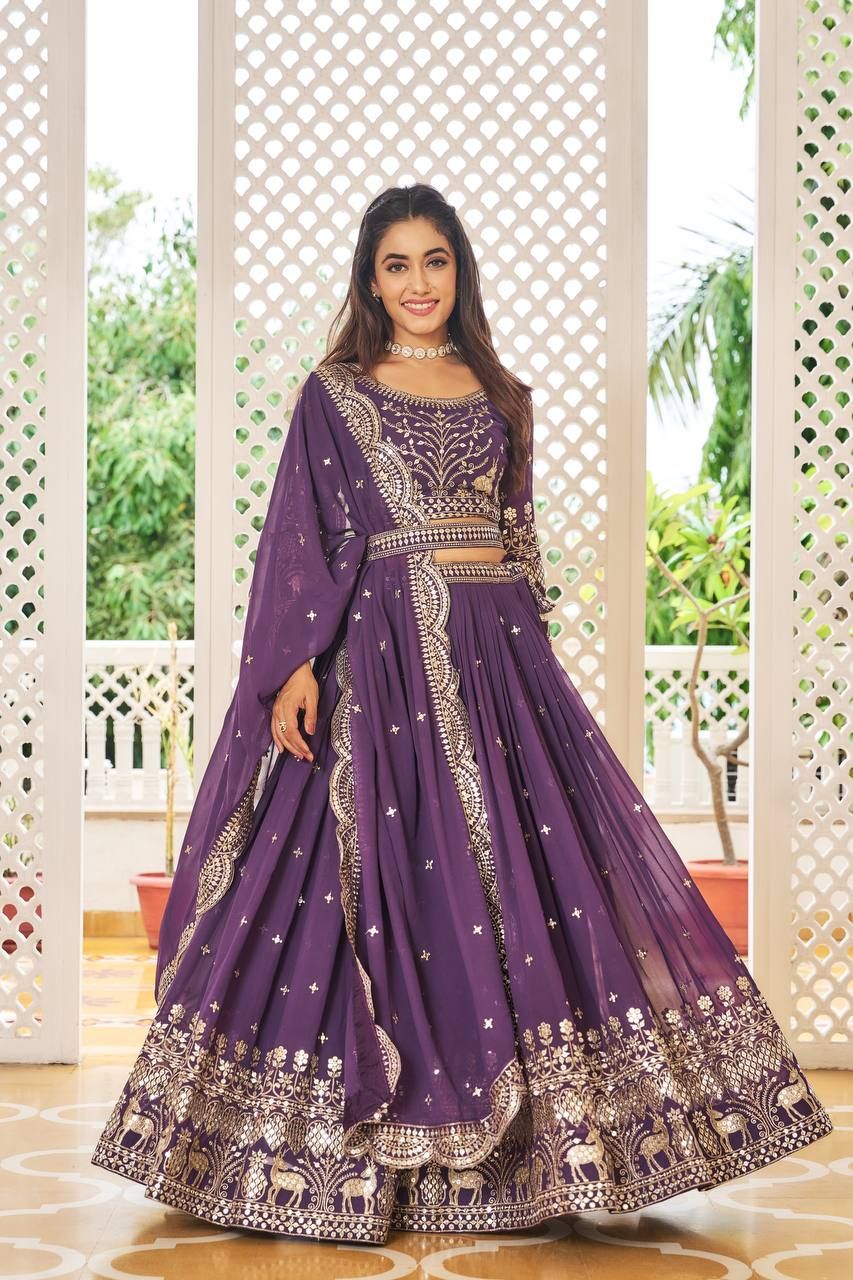 Aastha fashion Magenta Heavy Fox Georgette lehanga blouse fabric Embroidery 7mm Sequence Work with Belt