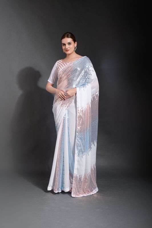 Aastha White Heavy Georgette Fabric Beautiful Multicolored Sequence embroidery work