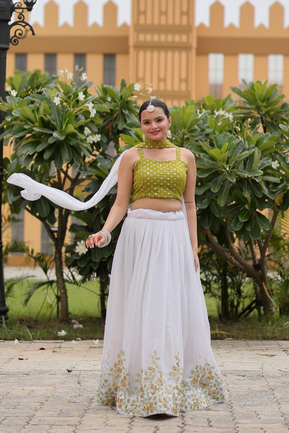 Aastha fashion white pure georgette lehanga mahendi blouse fabric embroidery work