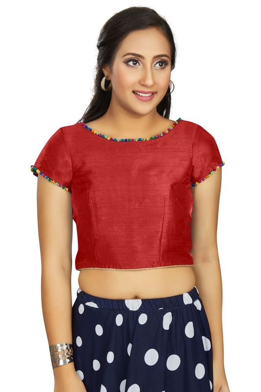 Aastha fashion Read Art Slik Boat Neck Blouse Work Plain