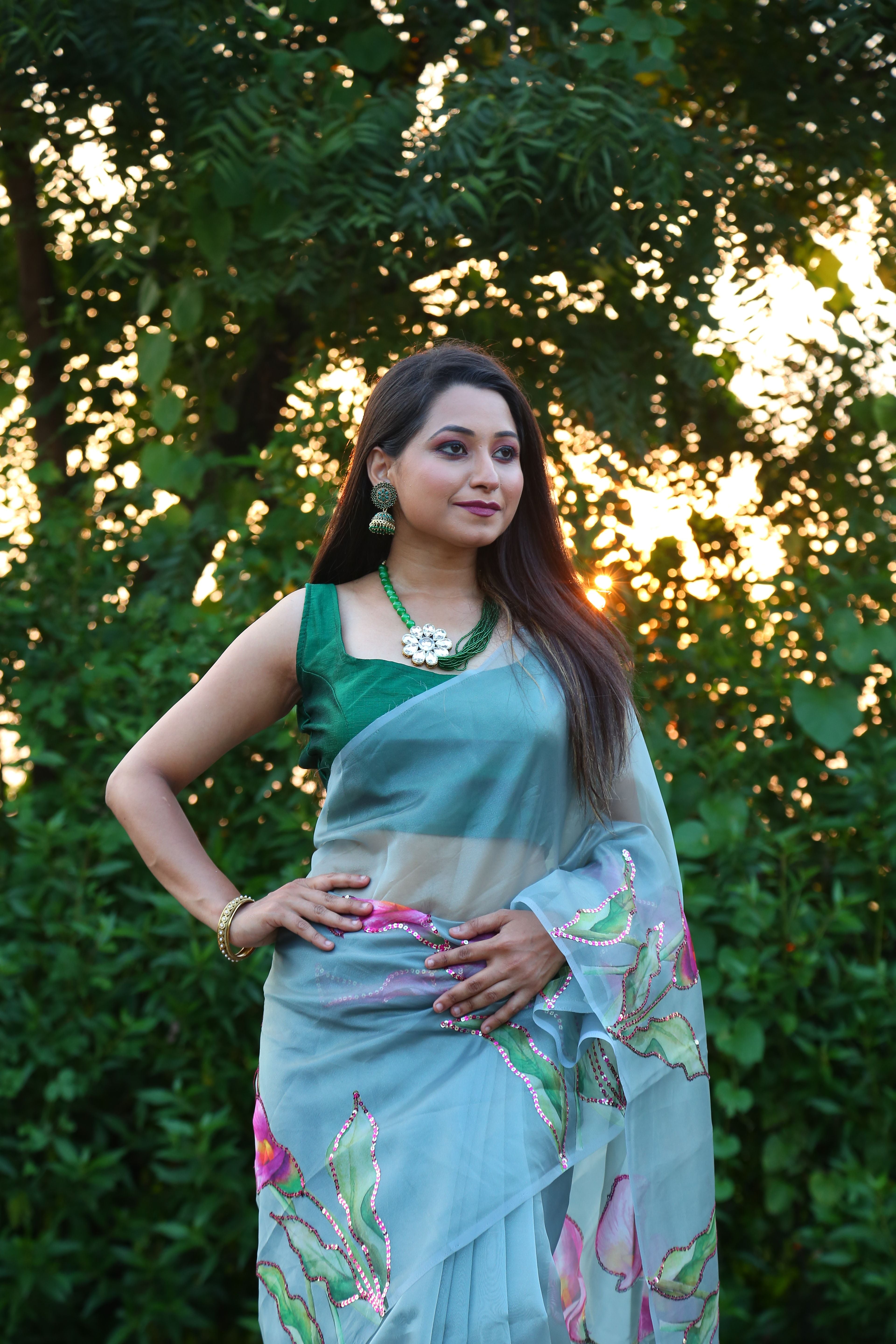 Aastha Green Soft Organza Beautiful floral print work