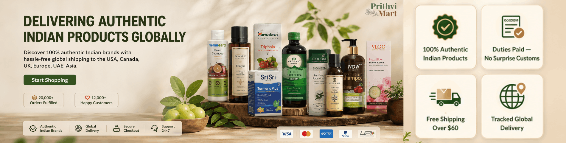 Promotional banner for a brand delivering authentic Indian products globally with various products and branding elements.