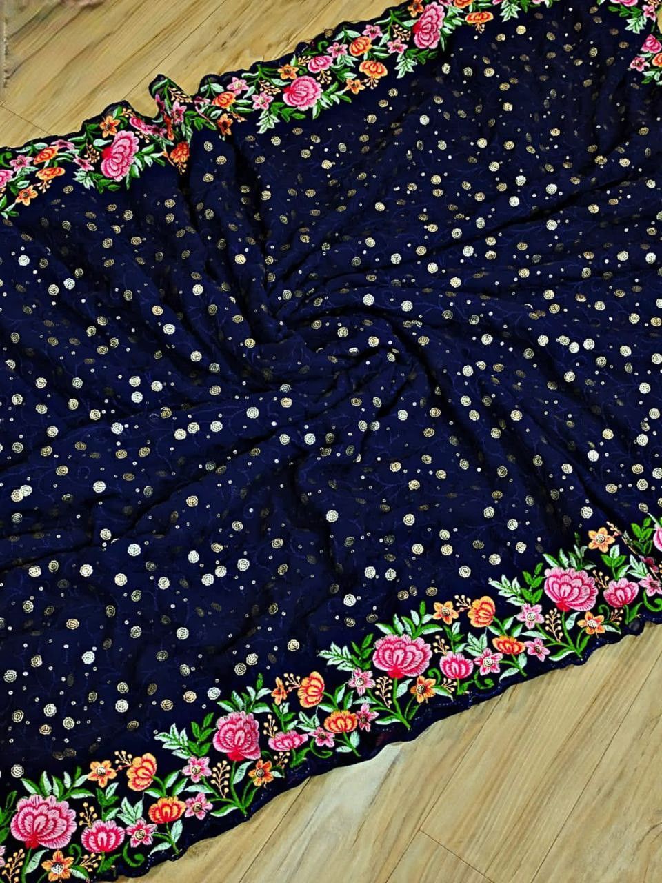 Aastha Blue Soft Georgette Fabric with Banglori Blouse fabric Beautiful Sequance and multicoloured Embroidery work