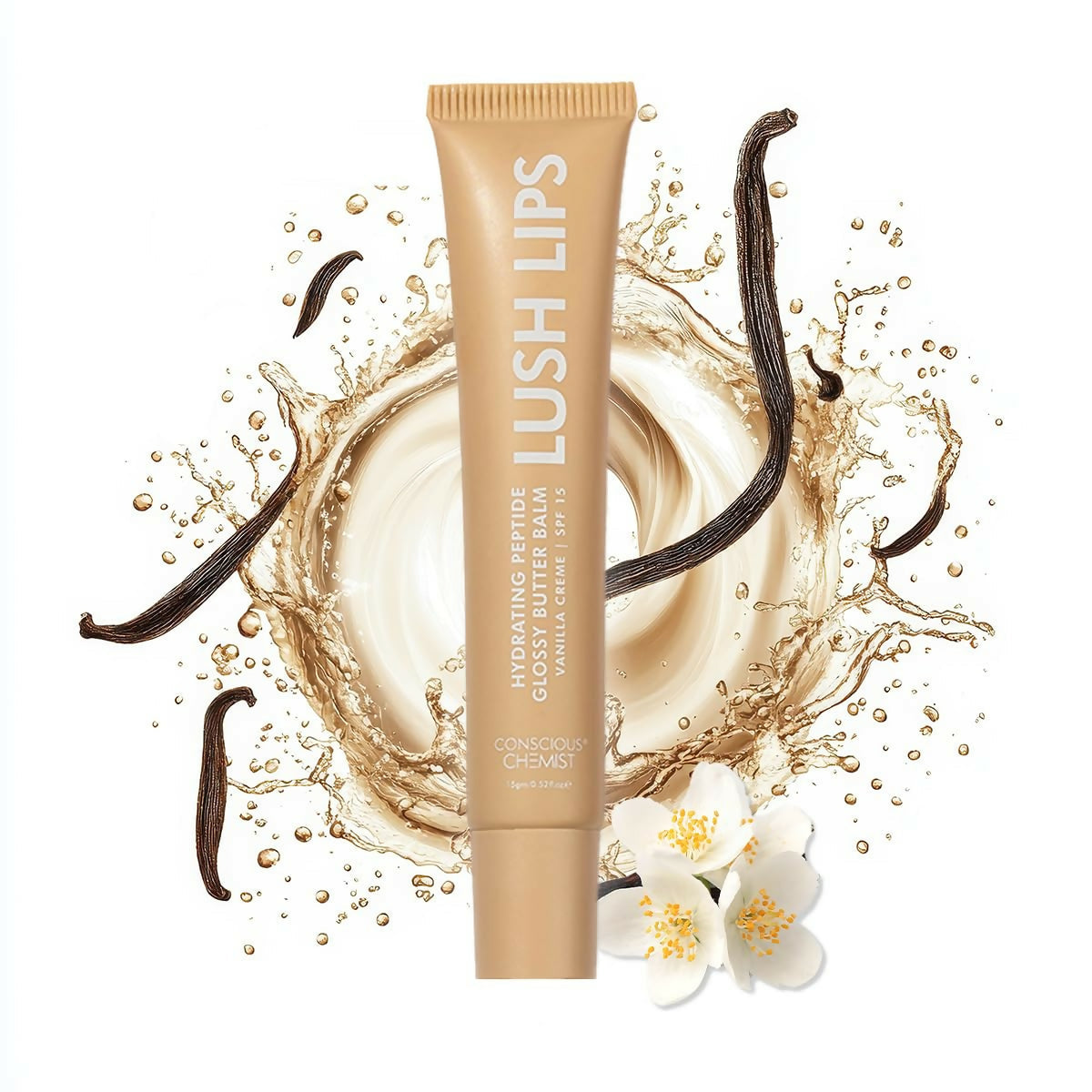 Conscious Chemist Peptide Lip Balm, Lush Lips with SPF15 - Vanilla Creme